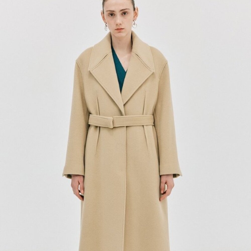 WNDERKAMMER Women's Coat Wide Collar Belted Long Wool Beige Size S NWT